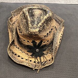 Peter Grimm Stylish Brown Cowboy Hat with Black Flower Accent nwot